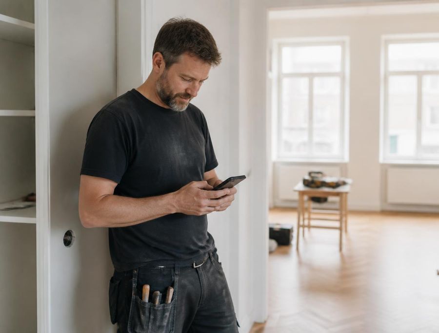 Hantverkare som kollar mobilen efter ett avslutat renoveringsuppdrag